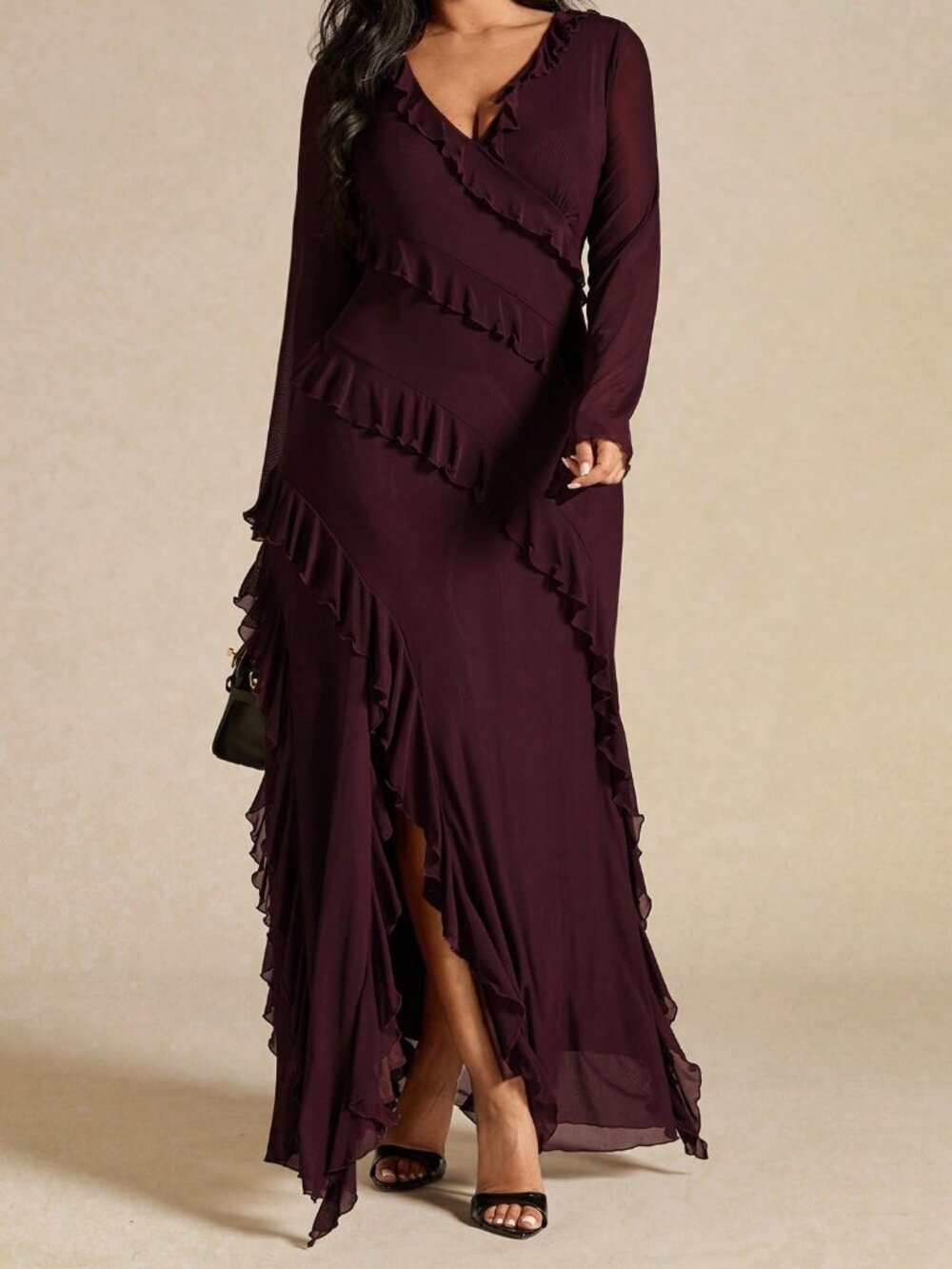 Purple Elegant Women's Ruffle Hem V-Neck Maxi Dress
